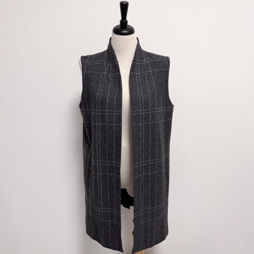 Eileen Fisher Dark Ash Grey Wool Blend Windowpane Plaid Long Open Vest Medium